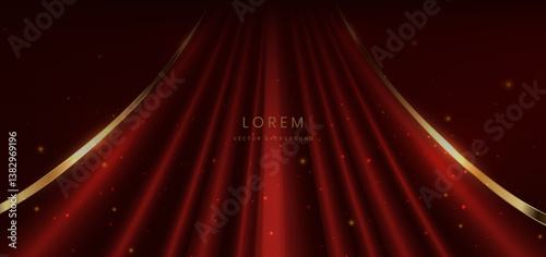 Red curtain background. Golden confetti banner and ribbon background. Celebration grand openning party happy concept.