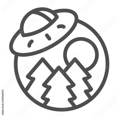 Forest and moon with alien ship line icon, cosmos concept. Vector graphics. Alien spaceship, landing sign on white background, outline style icon for mobile or web design.