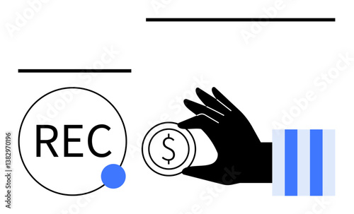 Hand holding coin near REC label highlights earning, digital transactions, economy, saving, fintech, recording, payment systems. Ideal for finance, business wealth technology analysis economy