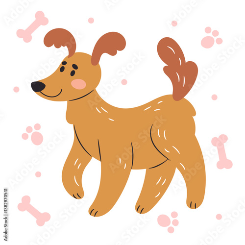 Cute dog. Funny pet, doodle pawprints and bones on background, playful adorable domestic animal, veterinary or grooming mascot, puppy mammal, print or poster. Vector cartoon flat isolated illustration