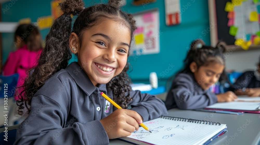 Smiling girl sitting at a school desk with notebooks, in front of a classroom setting. Smiling girl sitting at a school desk with notebooks, in front of a classroom setting.