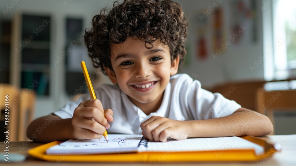 A young boy sitting at a school desk with a notebook and pencil, smiling towards the camera. A young boy sitting at a school desk with a notebook and pencil, smiling towards the camera.