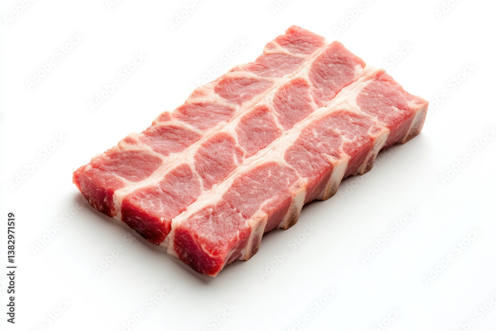 Fresh pork spareribs are displayed on clean white background, showcasing their marbled texture and rich color. Ideal for grilling or slow cooking, these ribs promise delicious meal Fresh pork spareribs are displayed on clean white background, showcasing their marbled texture and rich color. Ideal for grilling or slow cooking, these ribs promise delicious meal