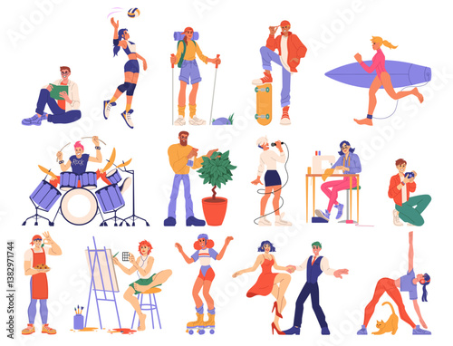 Characters leisure. Creative hobby. Sport training. Fitness exercise. Hiking travel. Gardening or painting. Disco dance. Beach surfing. People on skateboard or roller skates. Vector fun activities set