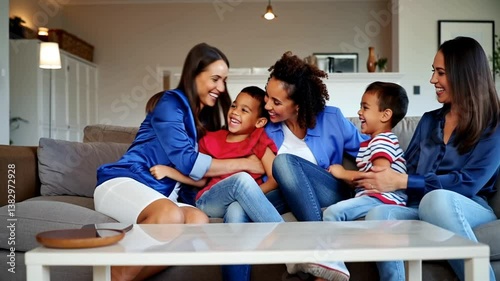 Latin American family, a couple of mothers, the aunt and two little kids, joyfully sitting together on their living room sofa