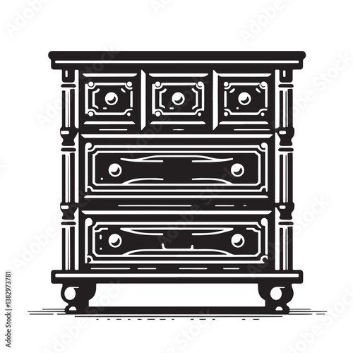 Black Color Chest of Drawers Silhouette Vector Illustration, Solid White Background