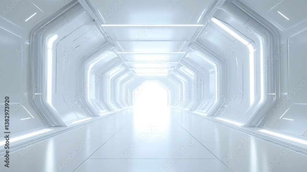 A modern, sleek corridor with a futuristic design. The corridor features dark walls with horizontal and vertical light strips, creating a dynamic pattern