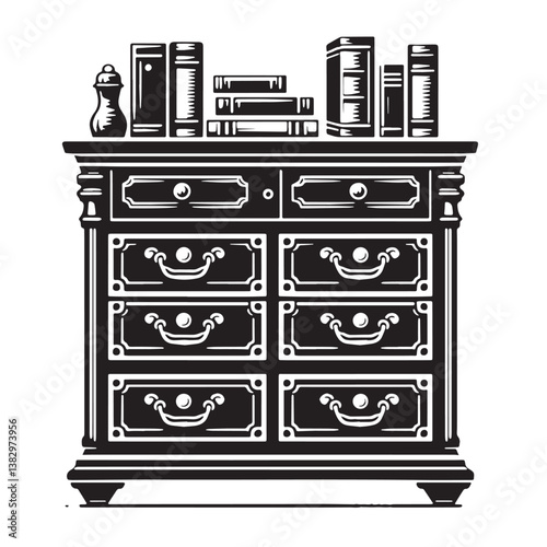 Black Color Chest of Drawers Silhouette Vector Illustration, Solid White Background