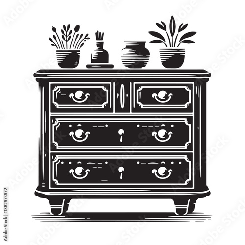 Black Color Chest of Drawers Silhouette Vector Illustration, Solid White Background