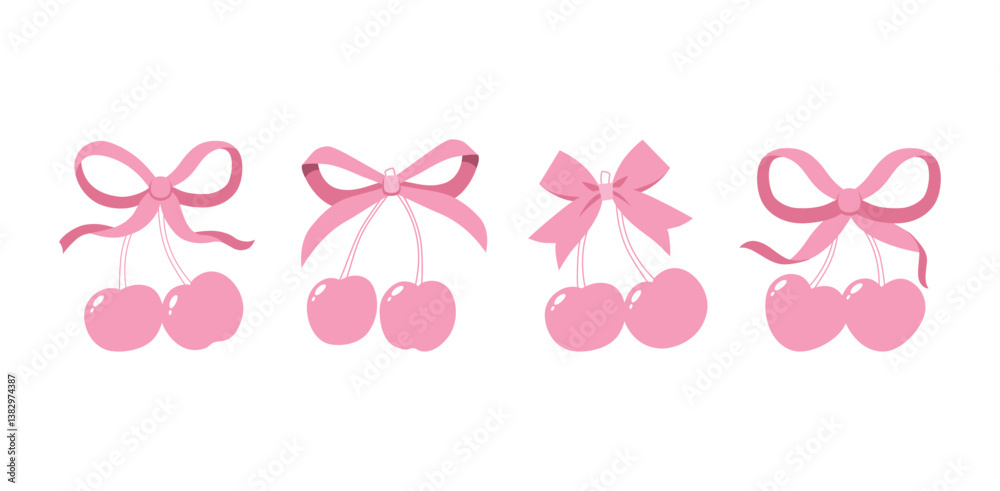 Fototapeta premium Coquette cherries with gift bow. Vector Illustrations of vintage bows and pink cherry. Cherries with ribbon. Cute trendy line art set. Ribbons isolated. Trendy girls accessories. Cute hairstyle decor