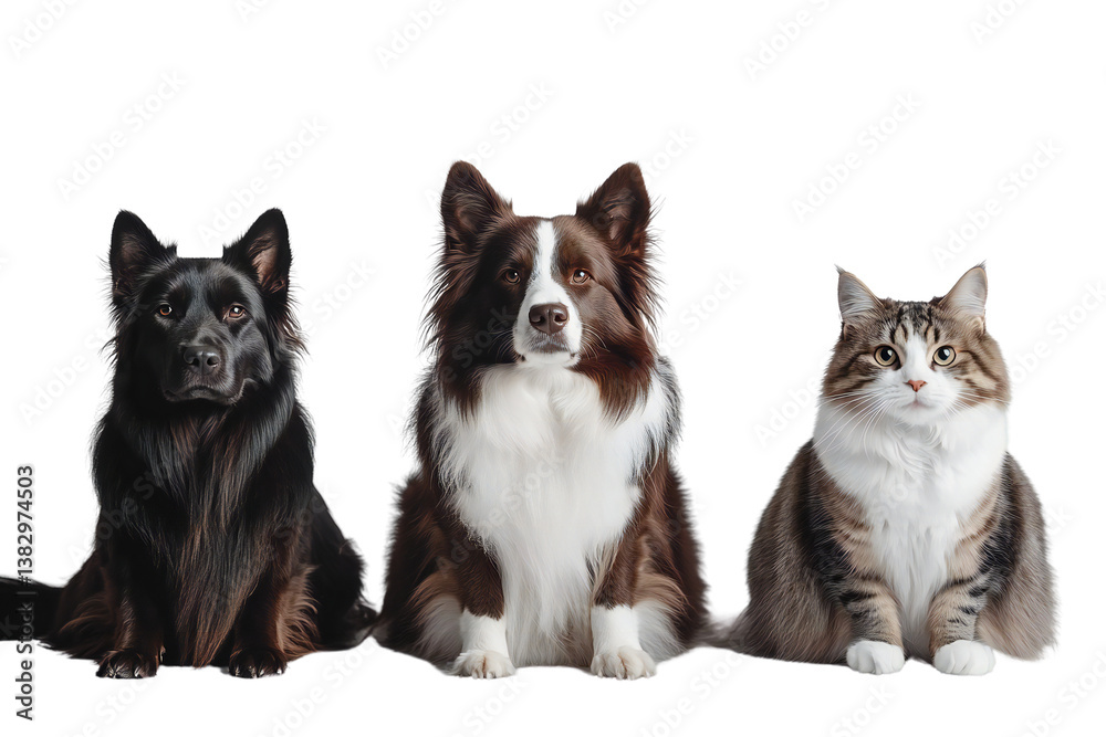 Obraz premium Two fluffy dogs and a cat sitting together, isolated on transparent background