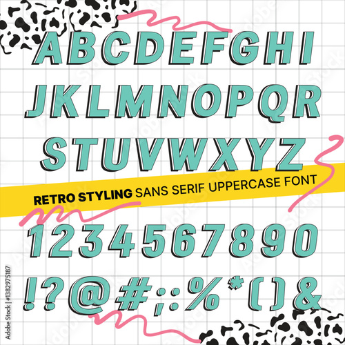 Retro styling Sans Serif upercase font. 60s and 70s typography. Vitage alphabet letters, numbers, punctuation marks. 