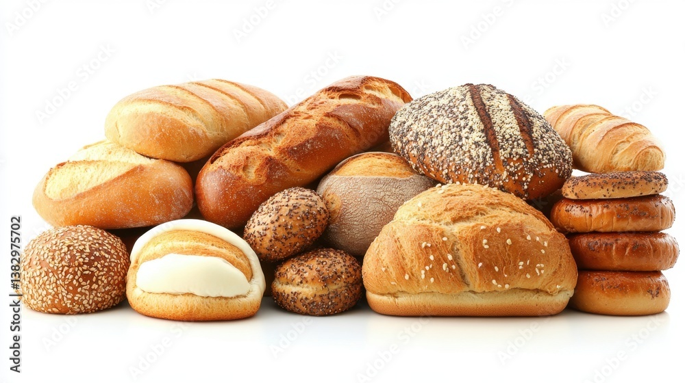 Abundance of Freshly Baked Bread Loaves and Rolls on White Backdrop Displaying Variety and Texture in Studio Light Abundance of Freshly Baked Bread Loaves and Rolls on White Backdrop Displaying Variety and Texture in Studio Light