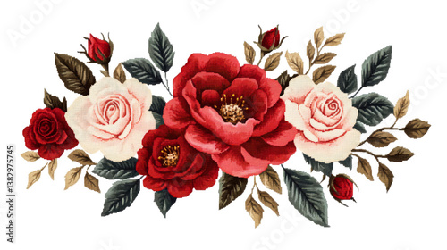Fototapeta Naklejka Na Ścianę i Meble -  Floral arrangement of red and white roses and foliage, cut out transparent