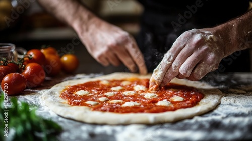 Preparing Delicious Pizza with Fresh Tomato Sauce and Mozzarella Cheese