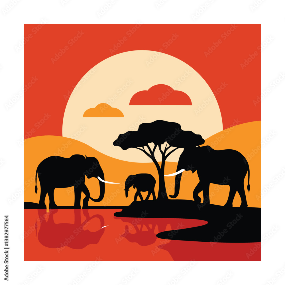 Fototapeta premium Silhouettes of Elephants by a Waterhole at Sunset