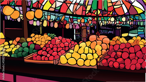 La Boqueria Barcelona with Colorful Fruit in Digital Art.eps