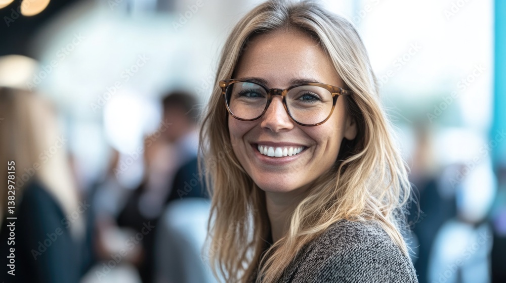 Smiling businesswoman wearing glasses at a networking conference with colleagues in the background