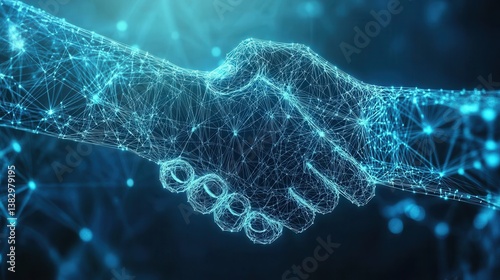 A digital handshake is depicted against a blue technology background, featuring a connected network that symbolizes collaboration and connectivity.