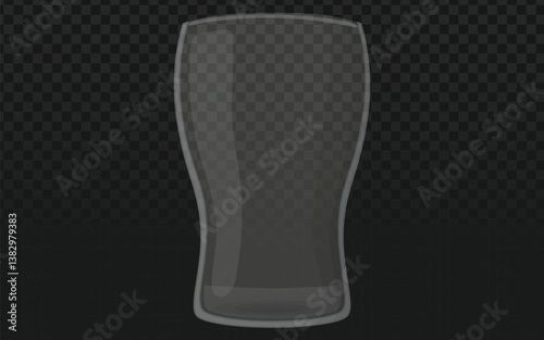 A clear, empty beer glass stands upright against a dark, slightly checkered background. The glass has a classic pint shape, wider at the top and bottom with a narrower middle section. 