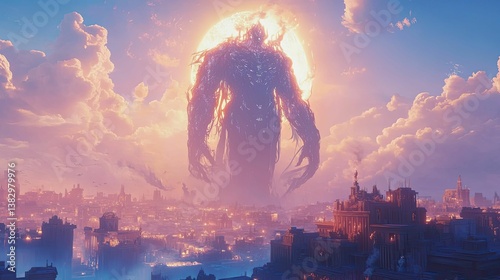 Colossal figure looms over city sunset