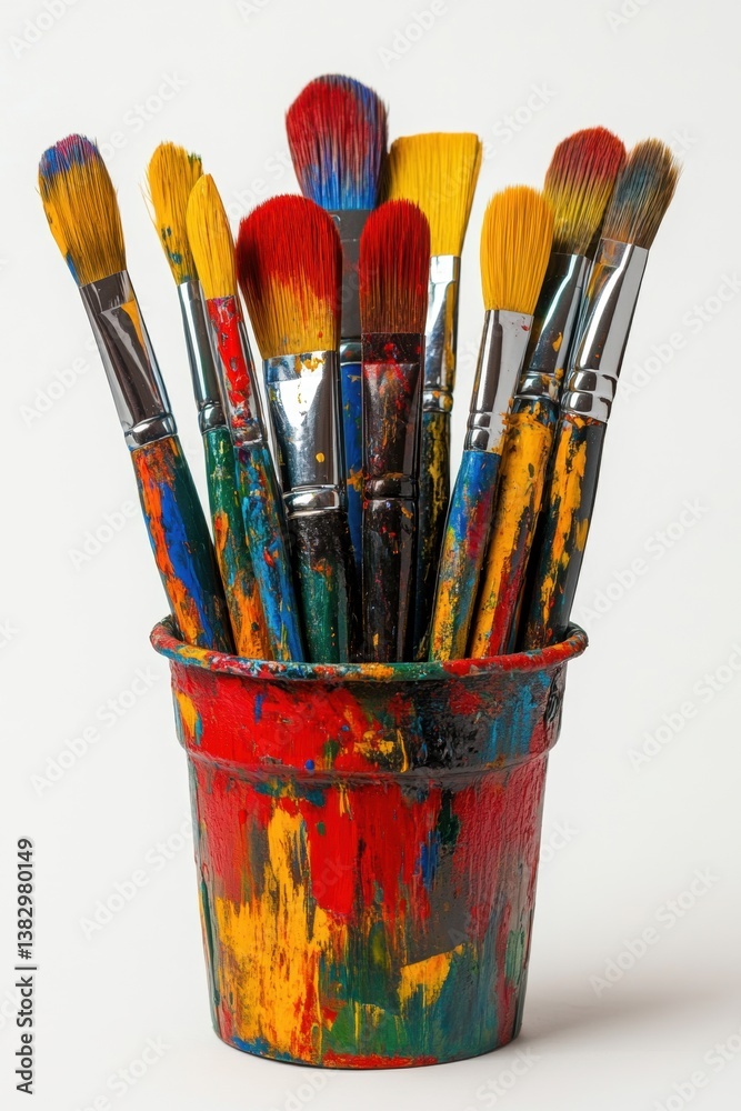 Vibrant Paintbrushes in Colorful Pot Artistic Still Life Capturing Creativity and Inspiration on White Backdrop Studio Shot Vibrant Paintbrushes in Colorful Pot Artistic Still Life Capturing Creativity and Inspiration on White Backdrop Studio Shot