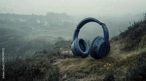 Dark headphones rest on rainy hillside.