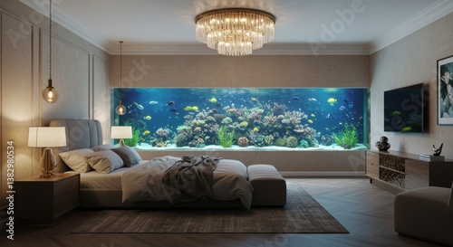 Luxurious Master Bedroom with Full-Wall Aquarium