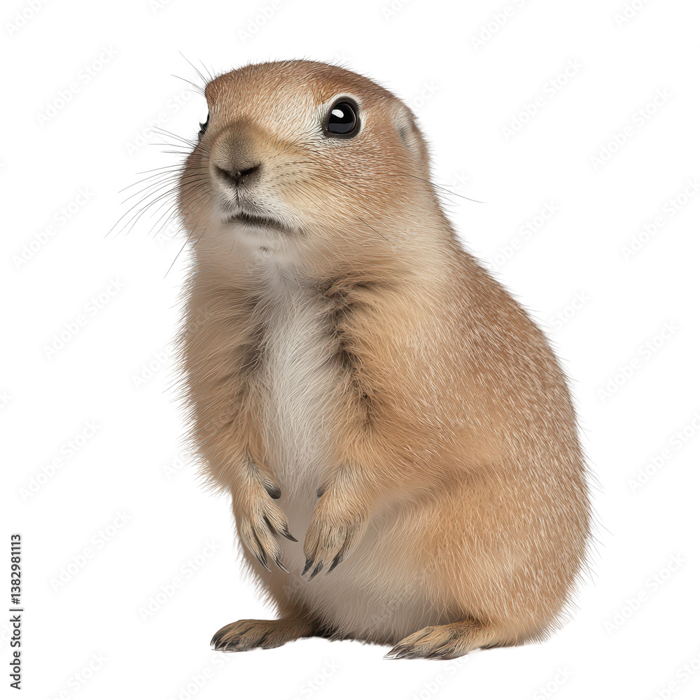 Fototapeta premium Cute Small Prairie Dog Standing Pose with Fluffy Fur and Bright Eyes in a White Background
