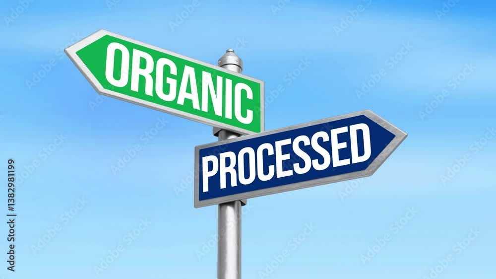 Organic vs processed food typography written on the signboards, opposing each other with the sky in the backdrop Organic vs processed food typography written on the signboards, opposing each other with the sky in the backdrop