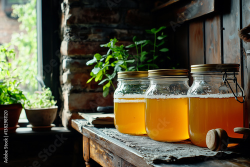Homemade kombucha brewing: Glass jars of frothy fermented tea (kombucha) resting on a rustic wooden surface near a window. Healthy probiotic drink concept.