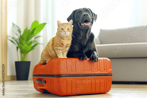 Cat and dog sitting in orange suitcase. Ginger tabby cat and black labrador together in travel luggage for pet friendly vacation concept with copy space. photo
