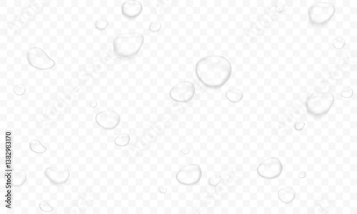 Vector water drop, drops, droplets. PNG drops, condensation on glass, on various surfaces. Realistic drops on a transparent background. Rain and dew