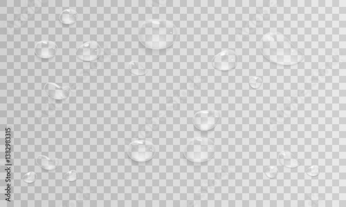 Vector water drop, drops, droplets. PNG drops, condensation on glass, on various surfaces. Realistic drops on a transparent background. Rain and dew
