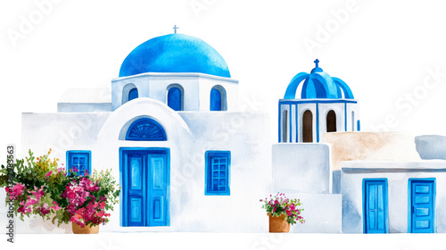 Fototapeta Naklejka Na Ścianę i Meble -  Santorini watercolor illustration with blue domes and flowers, cut out transparent