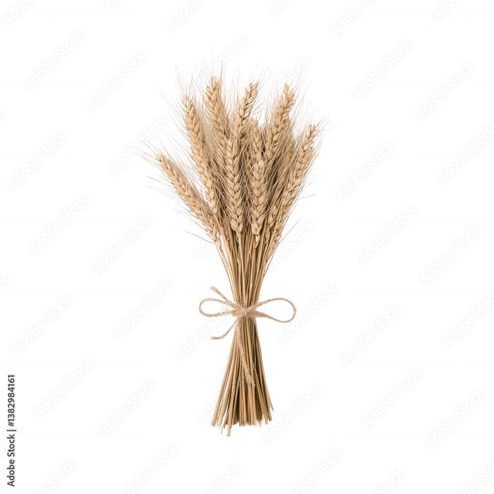 Fototapeta premium A beautiful bouquet of dried wheat stalks tied together with twine, showcasing their natural golden hue against a white isolated background.