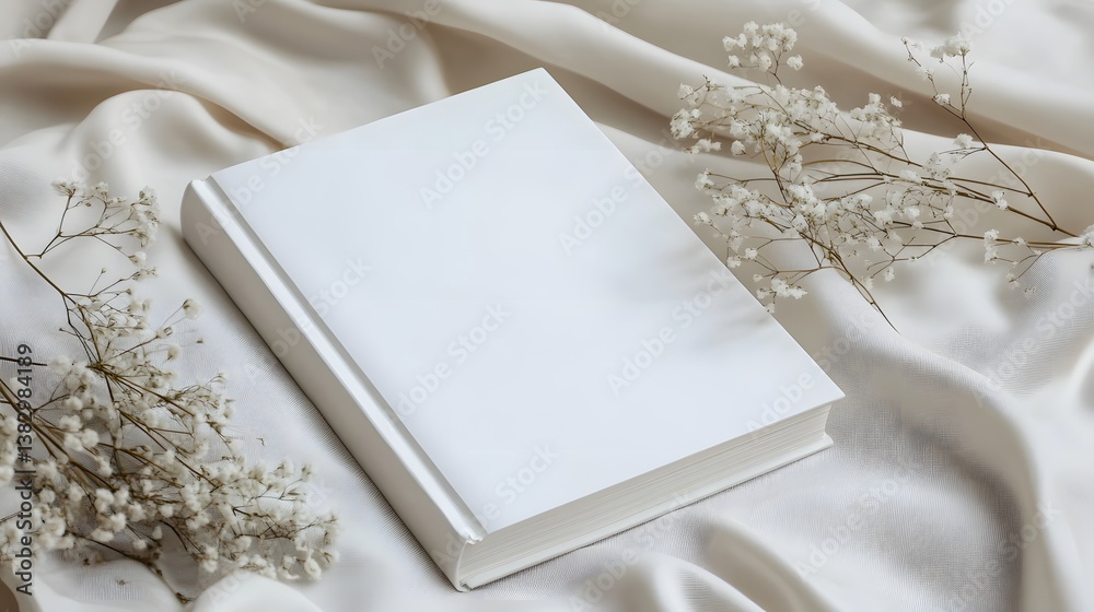 there is a white book with a blank cover on a white cloth there is a white book with a blank cover on a white cloth