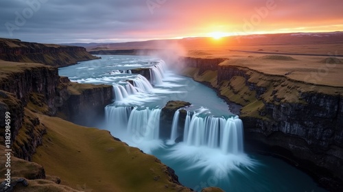 A stunning view from above of Barnafoss in Iceland at dawn, with cloudy skies and cascading waters.