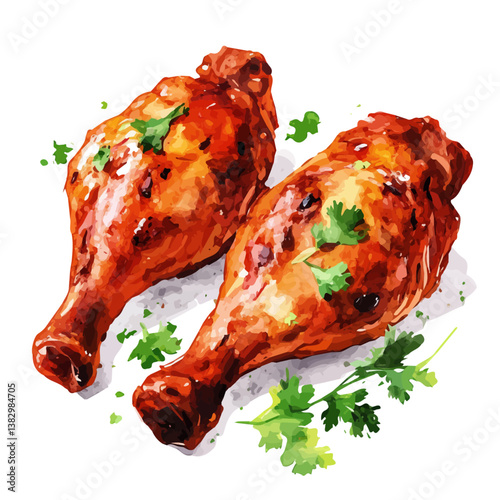 A watercolor painting of tandoori chicken, isolated on a white background. Tandoori chicken vector

