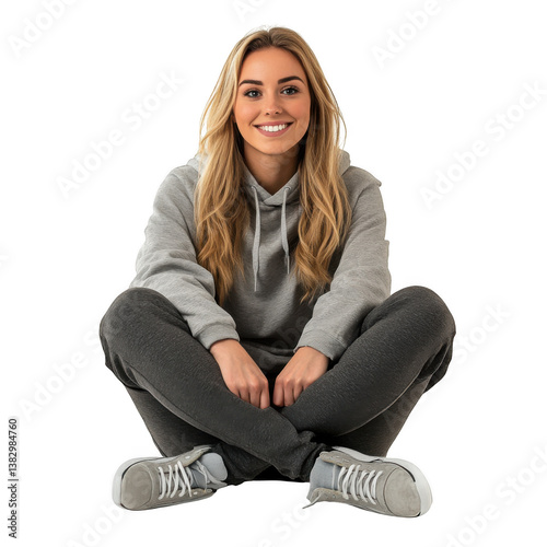 Portrait of a smiling woman in gray hoodie and sweatpants sitting cross legged on a transparent background