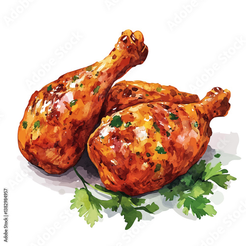 A watercolor painting of tandoori chicken, isolated on a white background. Tandoori chicken vector

