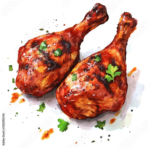 A watercolor painting of tandoori chicken, isolated on a white background. Tandoori chicken vector

