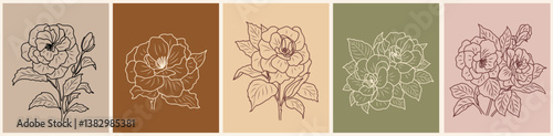 Camelia flower bouquets Line art Drawing Print Set. Botanical Poster, gallery wall art. Outline Vector monochrome sketch illustrations isolated on earth tone backgrounds