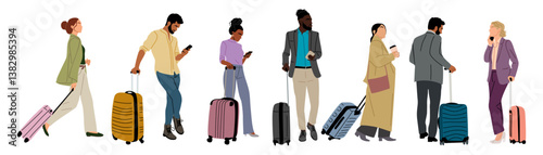 Diverse business people in casual outfit standing with suitcase, phones, luggage, waiting for departure. Business travel concept. Flat colorful vector illustration isolated on white background.