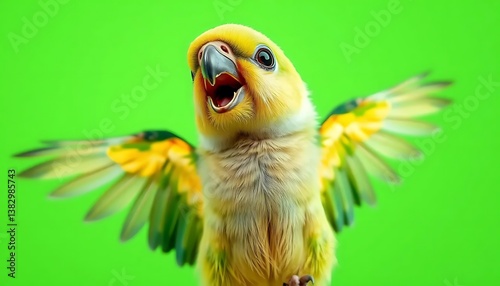 Parrot Spreading Wings with Open Beak on Vibrant Green Background