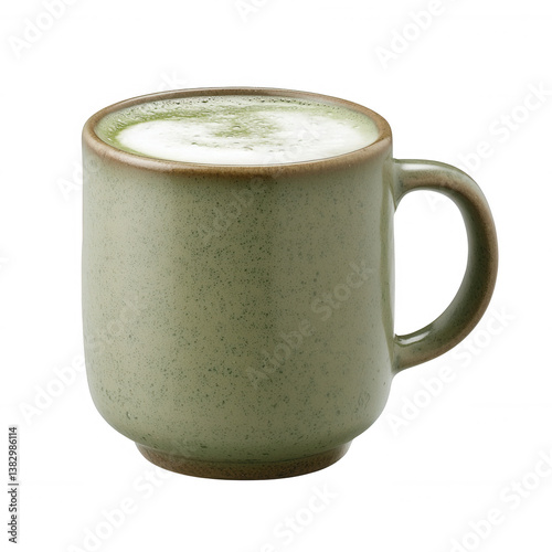 A ceramic mug filled with green matcha latte on a white background, showcasing a frothy top with a subtle green tint, perfect for cozy moments and beverage photography.
