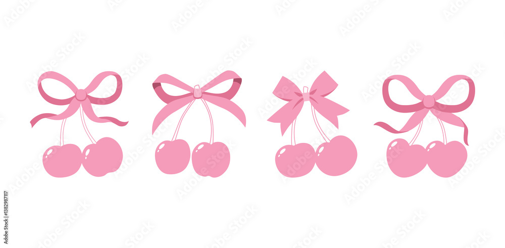 Coquette cherries with gift bow. Vector Illustration of pink girly vintage bows and cherry. Cherries with ribbon. Cute trendy line art set. Ribbons isolated. Trendy girls accessories. Cute hairstyle d Coquette cherries with gift bow. Vector Illustration of pink girly vintage bows and cherry. Cherries with ribbon. Cute trendy line art set. Ribbons isolated. Trendy girls accessories. Cute hairstyle d