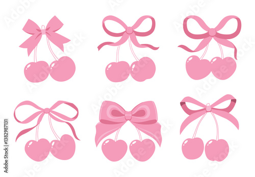 Coquette cherries with gift bow. Vector Illustration of pink girly vintage bows and cherry. Cherries with ribbon. Cute trendy line art set. Ribbons isolated. Trendy girls accessories. Cute hairstyle d