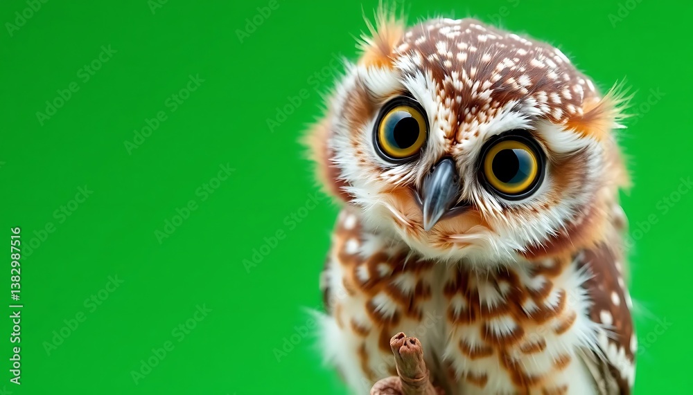 Obraz premium Cute Owl Looking Forward Perched on Branch with Green Background