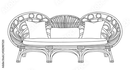 Rattan sofa, elegant modern patio furniture, home interior element of trendy boho style. Hand drawn black ink sketch isolated on white background. Monochrome vector illustration.